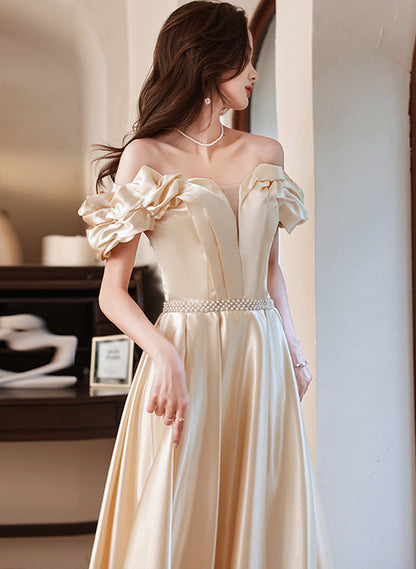 LOVECCRChampagne Satin Long Off Shoulder Prom Dress, A-line Beaded Evening Dress