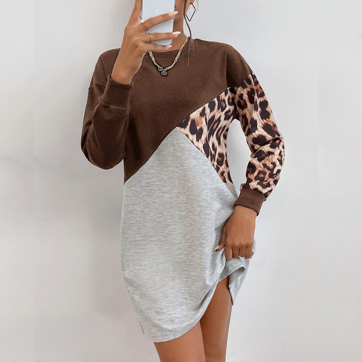 LOVECCR New Popular trade explosion popular autumn and winter new splicing round neck medium and long leopard print pullover sweater skirt women