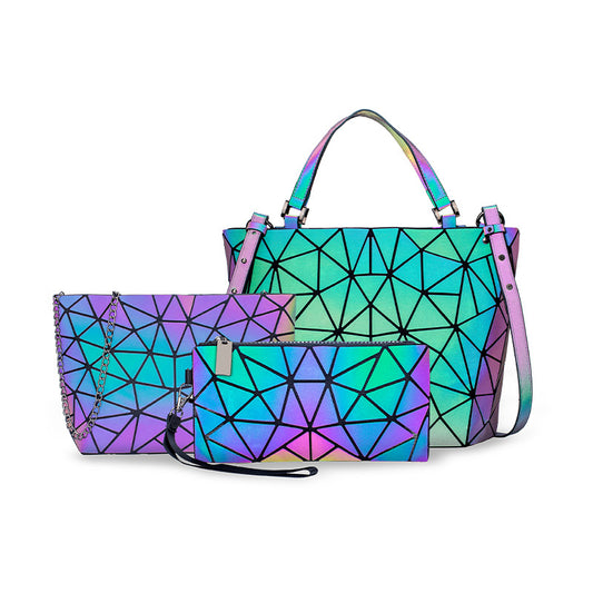 loveccr Cross-Border Bag  Three-Piece Handbag Fashion All-Match Shoulder Messenger Bag Geometric Luminous Bucket Bag