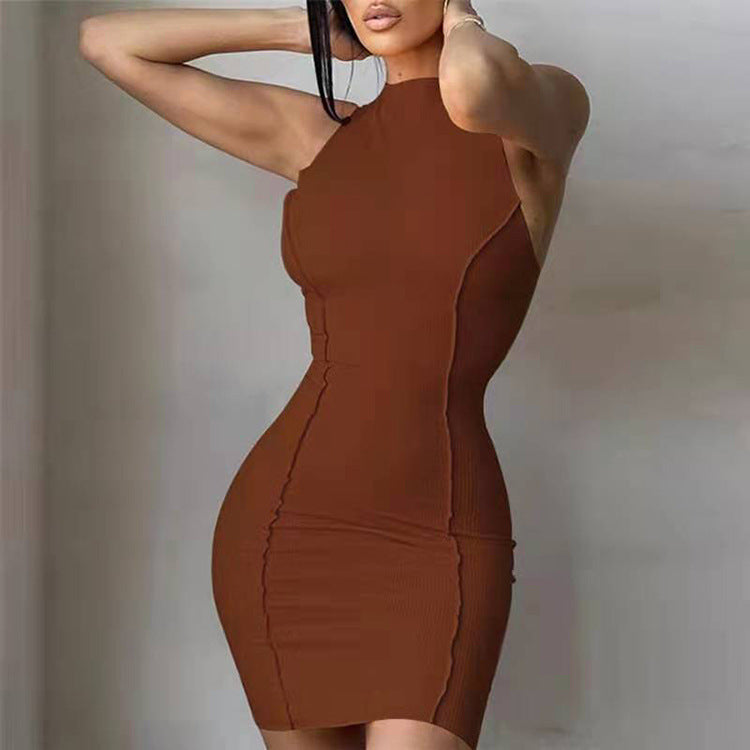 LOVECCR I 2025 style summer new ins women's clothing round neck sleeveless solid color fashion slim hip dress 025