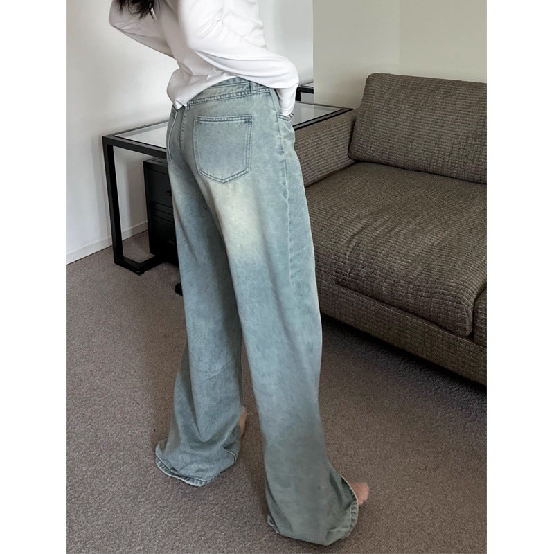 Jin Yi Laid-Back Figure Flattering Washed Light Blue Jeans Loose Edging Straight Mop Wide Leg Trousers for Women New