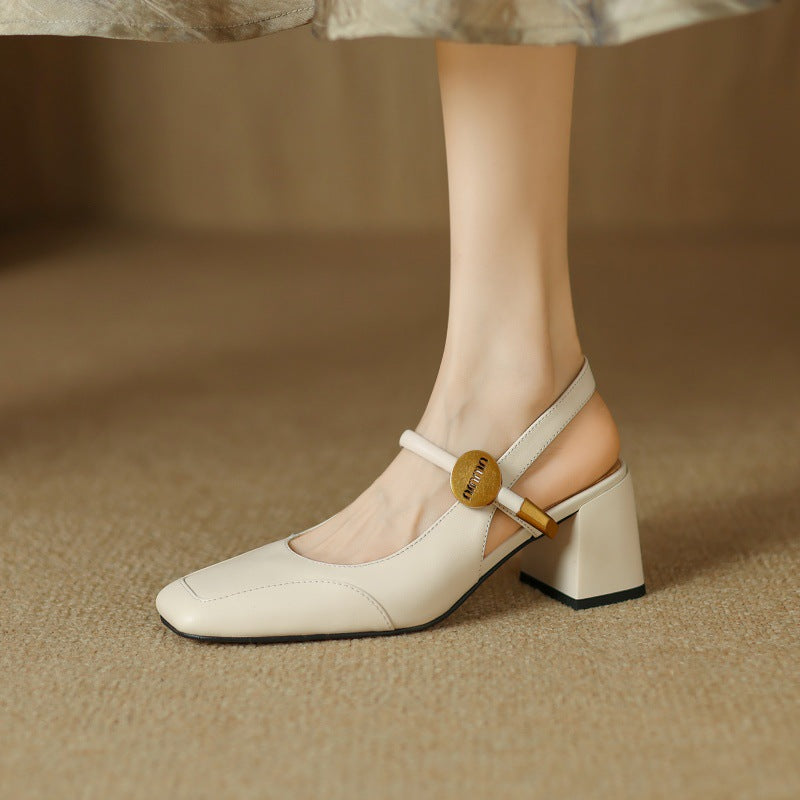 loveccr  New  Style Retro Closed Toe Pumps Mid Heel Chunky Heel Buckle High Heel Soft Leather Soft Bottom Square Head Mary