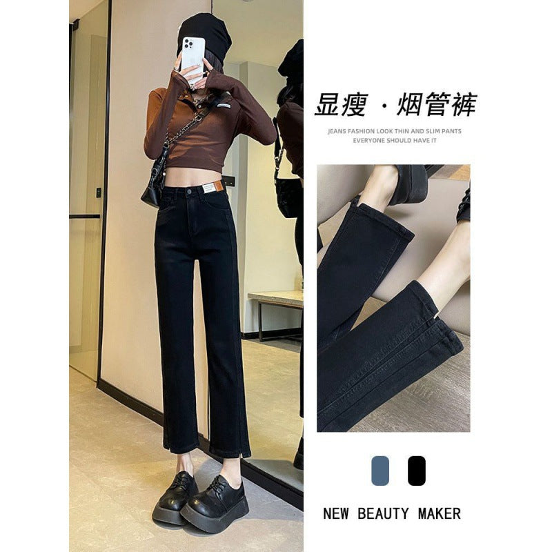 Black Straight Jeans for Women Spring and Autumn 2024 New Korean Style High Waist Slimming Slit Ankle-Length Cigarette Pants