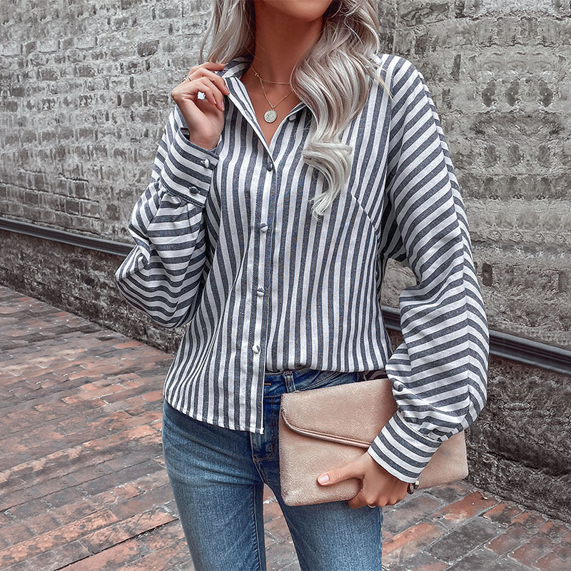 LOVECCR Hot autumn new 2025 striped cardigan shirt long-sleeved commuter  lapel shirt women