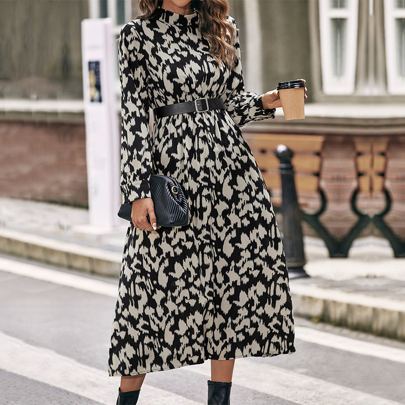 LOVECCR New Hot New Fashion 2025 Women's Clothing Long Sleeve Half Turtleneck Printed Waist Temperament Dress