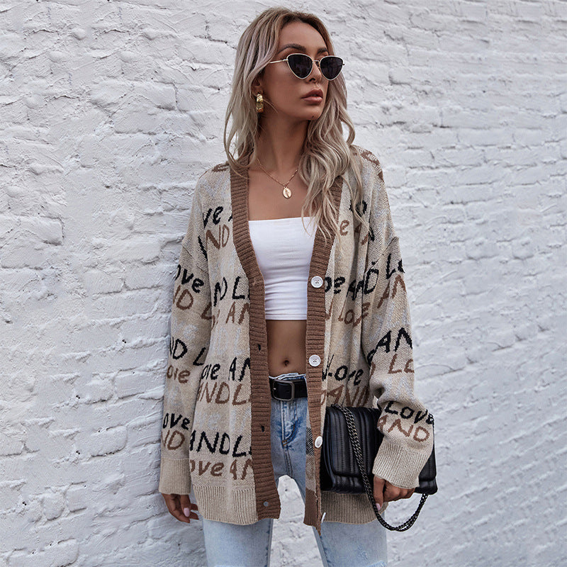 LOVECCR Hot autumn and winter knitted cardigan 2025 letter fashion jacquard long-sleeved medium and long sweater jacket