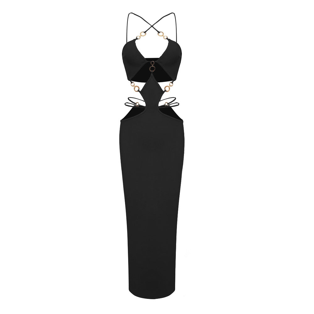 LOVECCR Black metal ring neck bandage dress 2025 sexy women's suspender skirt 2023 autumn high-end new models