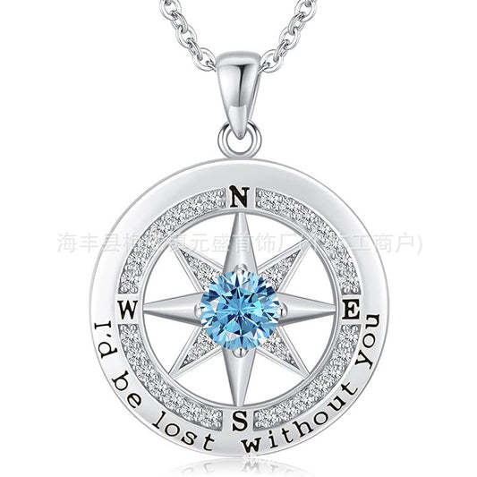 HOT and NEW Cross Border S925 Sterling Silver Compass Compass Necklace Female Twelve Birthstone  Pendant Clavicle Chain