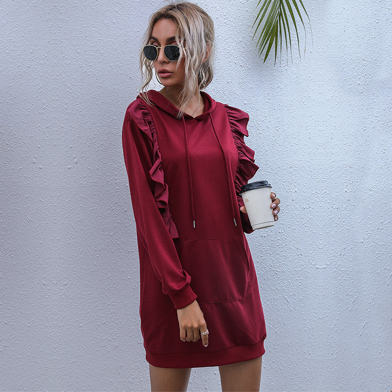 LOVECCR popular new Popular trade long-sleeved hoodie women's clothing  New medium and long ruffle edge splicing sweater skirt