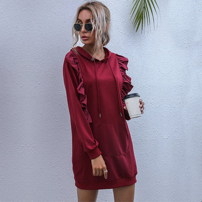 LOVECCR popular new Popular trade long-sleeved hoodie women's clothing  New medium and long ruffle edge splicing sweater skirt