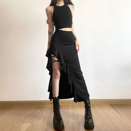 LOVECCR 2025 style sexy babes wear irregular fungus edge side split black sweet cool medium and long skirt in summer