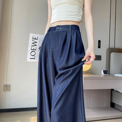 Dark Blue Lyocell Jeans Women's Thin 2024 New Summer Loose Ice Silk Wide-Leg Pants Retro Draped Pants