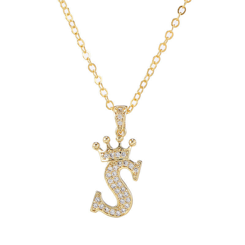 New Fashion Copper Inlaid Zircon Crown English Letter Personality Pendant Simple Women's Necklace Necklace Jewelry Manufacturer