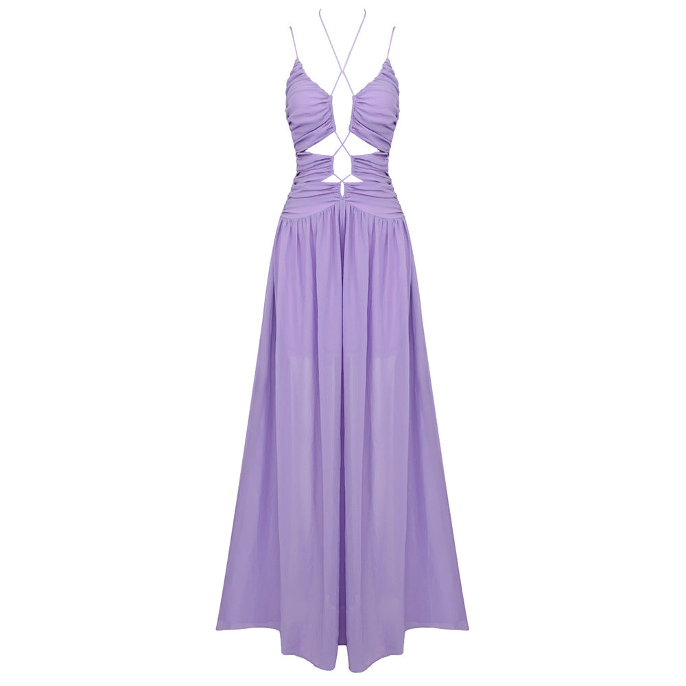 LOVECCR 2023 summer light purple chiffon drawstring pleated long dress 2025  sexy suspender dress women's high sense