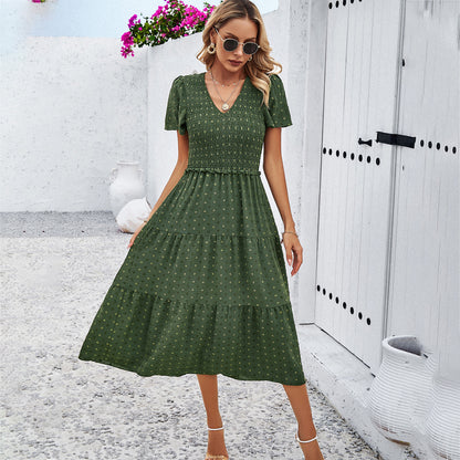 Diyun Cross-Border Women's Clothing  Temu Spring/Summer Foreign Trade Temperament Leisure Solid Color and V-neck Short Sleeve Dress