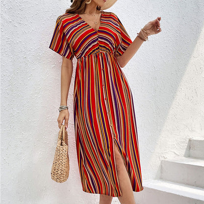 LOVECCR 2025  color striped casual dress temu new V-neck button high waist long dress women