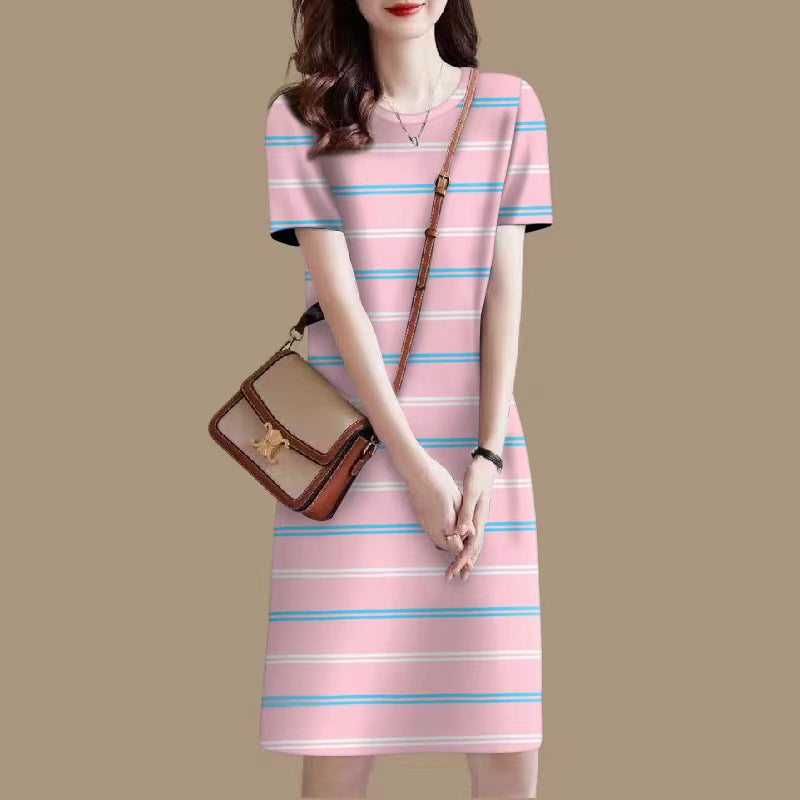 Wholesale  Summer New Middle-Aged Mom Age-Reducing round Neck Striped Dress Slimming Dress One Piece Dropshipping