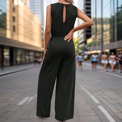 LOVECCR 2025  women's clothing sleeveless simple commuter jumpsuit high-waisted elastic-waisted jumpsuit straight-leg trousers