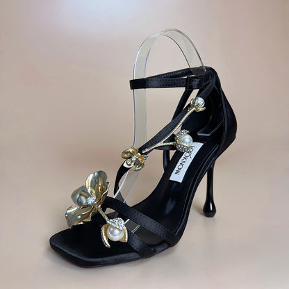 loveccr  Spring  New Square-Toe Black High Heel Sandals Women's Metal Flower Pearl Strap Heel Wrapped Women's Shoes Stiletto Heel Wholesale