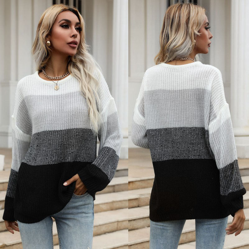 LOVECCR New popular autumn and winter new 2025 women's clothing round neck loose contrasting color knitted warm cover hair woman