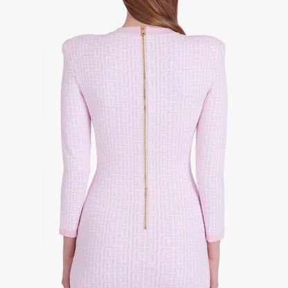 LOVECCR 2025 autumn and winter pink long-sleeved jacquard knitted elastic  hip wrap 2025 dress high-end bandage women's clothing