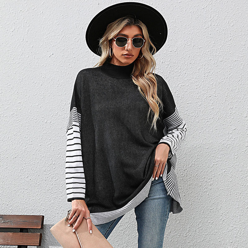 LOVECCR Hot new 2025 autumn and winter foreign trade women's clothing bat sleeve striped semi-turtleneck sweater Middle East knitted sweater