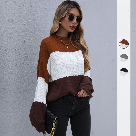 LOVECCR New autumn and winter popular new splicing contrasting colors lazy knitted sweater semi-turtleneck 2025 pullover sweater women