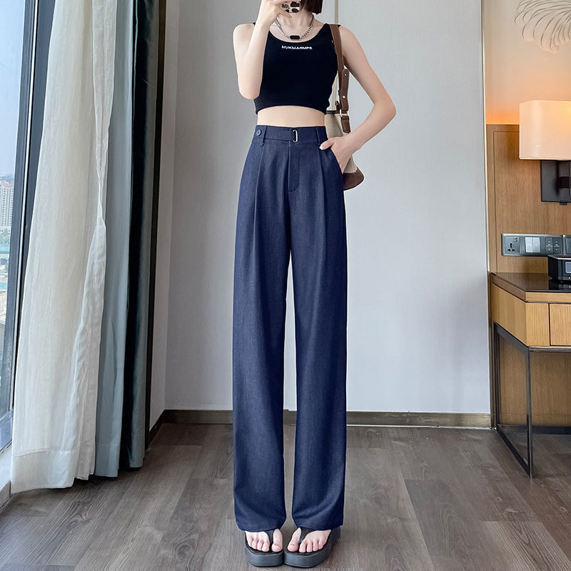 Summer Thin Lyocell Jeans Women's 2024 New Suit Straight High Waist Drape Ice Silk Mop Wide Leg Pants