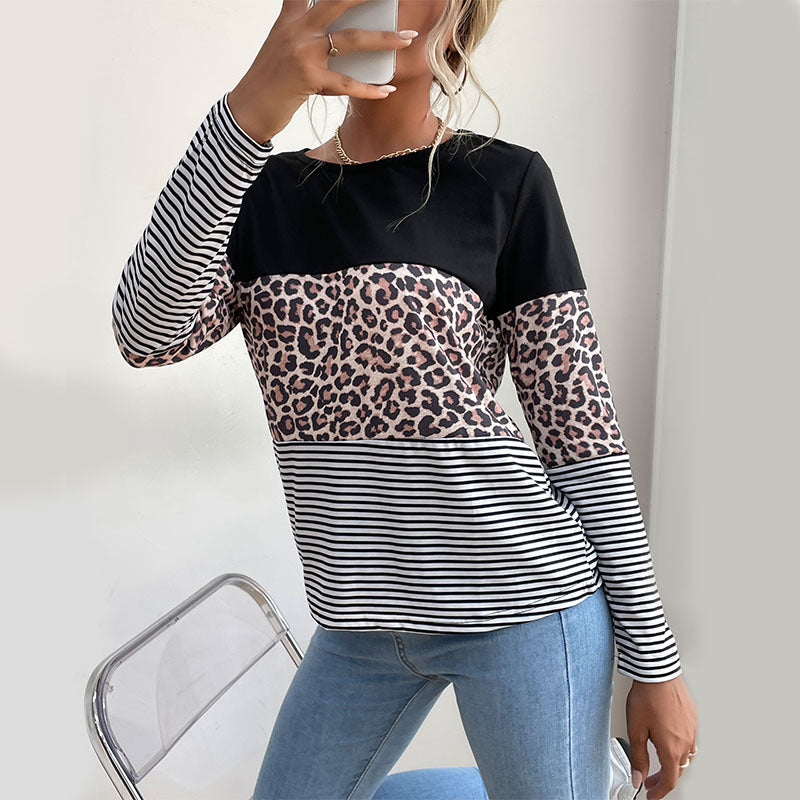 LOVECCR Popular trade popular autumn 2025 contrasting color pullover top round neck street leopard print splicing bottoming T-shirt women