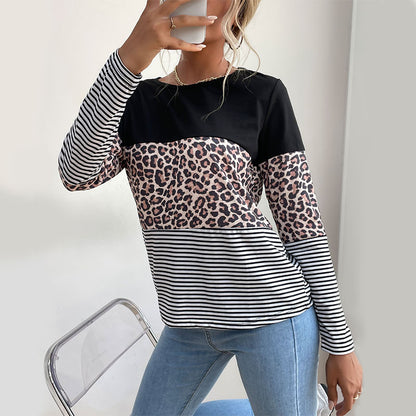 LOVECCR Popular trade popular autumn 2025 contrasting color pullover top round neck street leopard print splicing bottoming T-shirt women