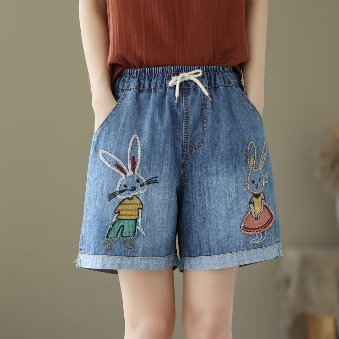 Japanese Style Denim Shorts Women's Summer Thin Loose Slimming Retro Casual Embroidered Shorts Wide Leg Pants