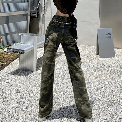 Camouflage Cargo Pants Women's American High Street Niche Tie-Dyed High Waist All-Matching Pear-Shaped Wide-Leg Trousers Straight Jeans Women