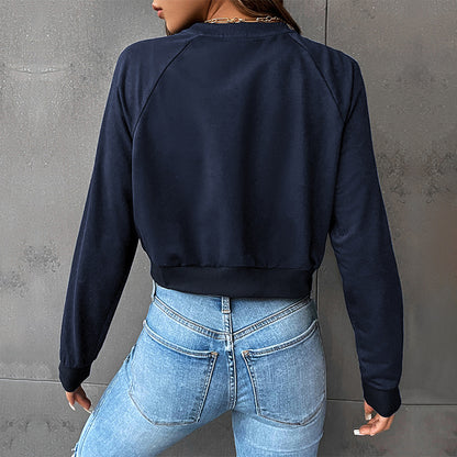 LOVECCR popular New Early Autumn Casual Sports Rough Sleeve Top Hot Trade Color Matching Short Navel Crew Neck Pullover Sweater