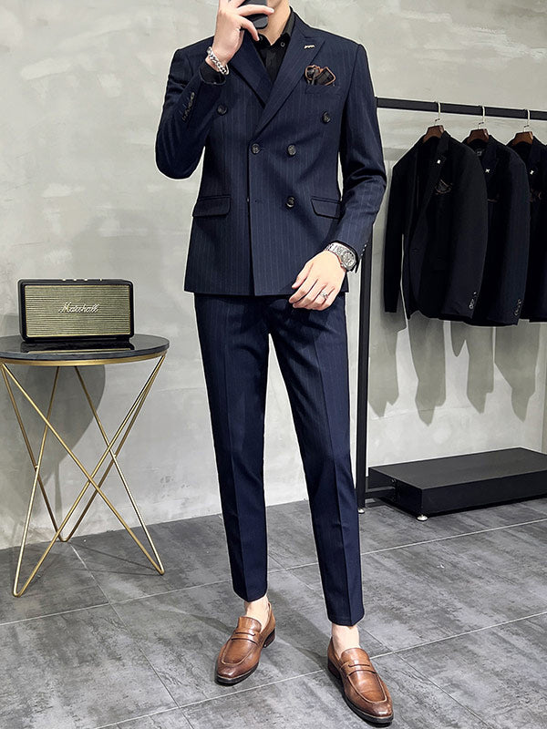 LOVECCR   Double Breasted Suit Men's Suits Autumn Men's Slim Striped Leisure Suit Business Formal Wear Groom Wedding Suit