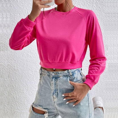 LOVECCR popular new New Popular trade leisure sports ragged sleeves top Popular trade short navel round neck pullover sweater women