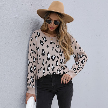 LOVECCR New  Women's Clothing popular Autumn and Winter New Pullover Bottom Knitted Sweater 2025 Leopard Print Crew Neck Sweater Guangzhou