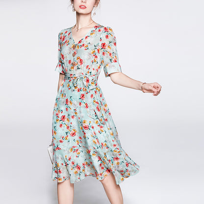 Floral Skirt  Style  New Summer Fashion V-neck Small Tight Waist High-Grade Mulberry Silk Silk Dress