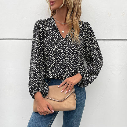 LOVECCR Cross-border  popular spring and summer Popular trade 2025 commuter tops long-sleeved V-neck leopard print design shirts women