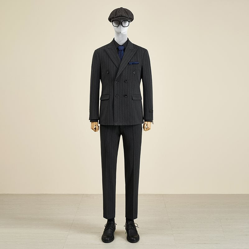 LOVECCR   Mr. DT Striped Double Breasted Suit Suit Men's Light Luxury Formal Wear Retro British Style Suit Groom Wedding Suit