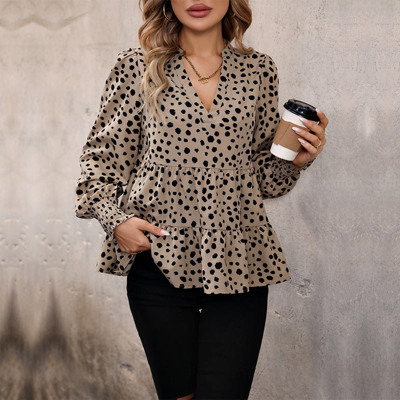 LOVECCR  Hot autumn explosion spotted shirt women's khaki ruffle edge V-neck women's top wholesale