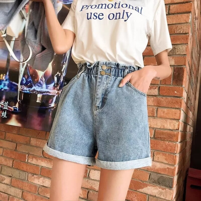 Elastic Waist Denim Shorts Women's Summer Thin High Waist A- line Wide Leg Pants Small Bud-Shaped Pants Curling Hot Pants Fashion