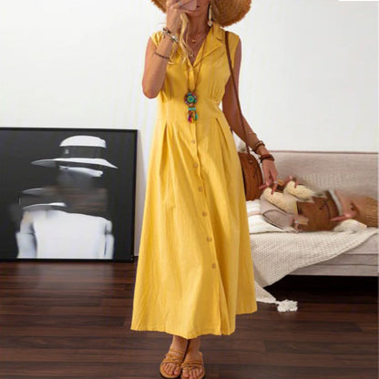 LOVECCR European American Summer New Skirt  Lapel Women's A- line Vintage Cotton Linen Long Dress