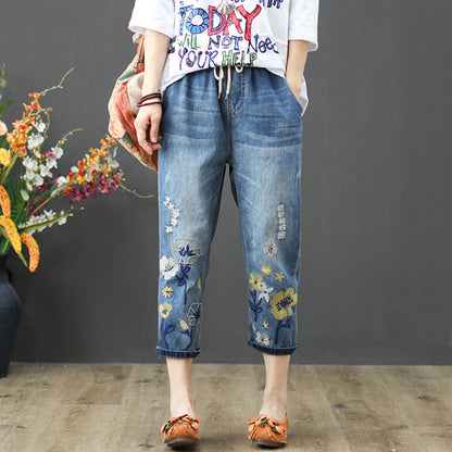 Women's Jeans Spring and Autumn Ripped Artistic Embroidered Women's Cropped Pants Elastic High Waist Oversized Jeans Women's Loose