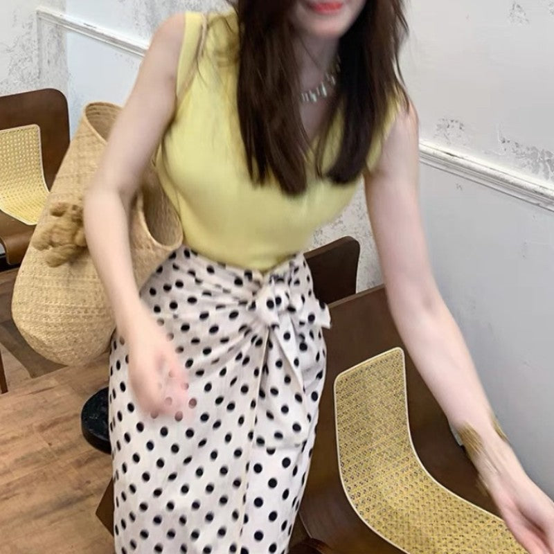 Fashionable Elegant Women's New Summer Clothes Matching Set of Age-Reducing Beautiful Western Style Yellow with Polka Dots Dress Suit