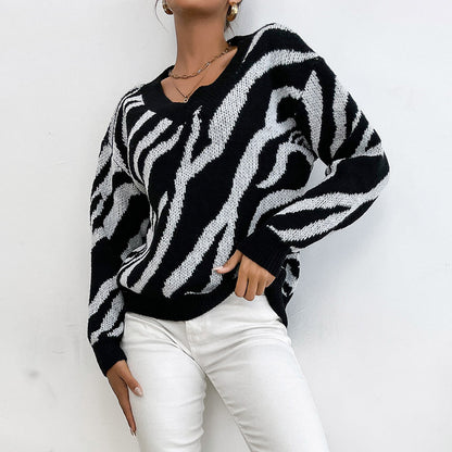 LOVECCR  Popular trade popular autumn and winter new Middle East women's clothing pullover 2025 fashion zebra pattern warm thick knitted sweater