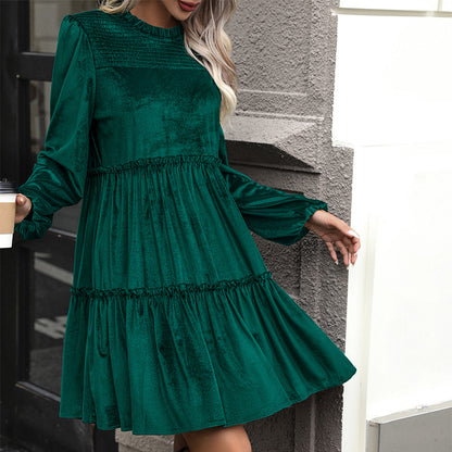 LOVECCR Europe and the United States  new long-sleeved solid color dress dark green velvet mid-skirt ruffle edge women's skirt