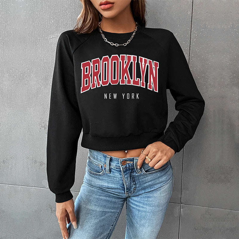 LOVECCR popular new spring leisure sports college style top New Popular trade short navel crew neck letter sweater