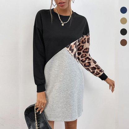 LOVECCR New Popular trade explosion popular autumn and winter new splicing round neck medium and long leopard print pullover sweater skirt women