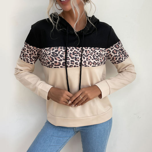 LOVECCR Cross-border Popular trade popular autumn 2025 contrasting color hoodie women's  retro leopard print splicing hooded sweater