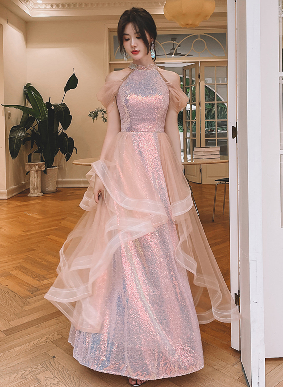 LOVECCRA-line Sequins and Tulle Pink Long Evening Dress, Pink Tulle Prom Dress